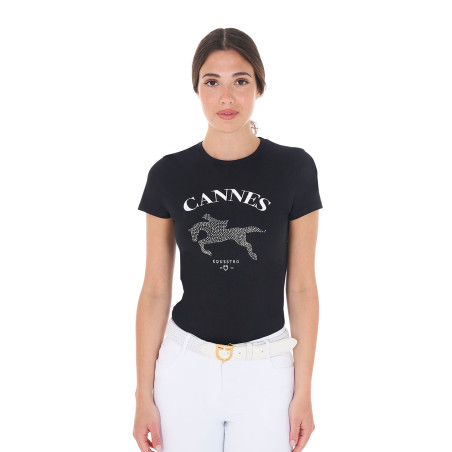 T-shirt femme Equestro Cannes coton avec strass manches courtes