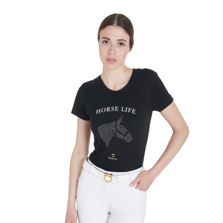 T-shirt femme Equestro coupe slim Horse Life avec strass manches courtes