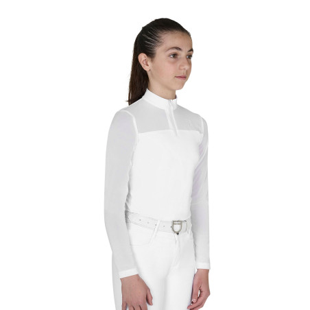 Polo de concours Equestro fille à manches longues avec empiècements en micro mesh