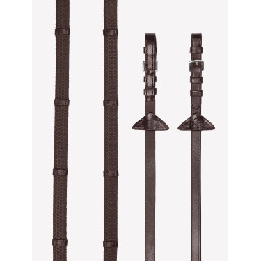 Rênes en caoutchouc souple avec arrêtoirs LeMieux Havane / argent ancien modèle Rênes en caoutchouc souple avec arrêtoirs LeMieux Havane / argent ancien modèle