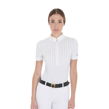 Polo ajusté en coton plissé manches courtes femme Equestro Blanc Polo ajusté en coton plissé manches courtes femme Equestro Blanc