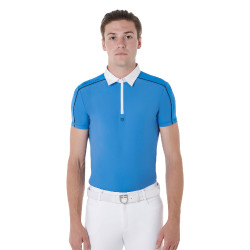 Polo de concurso de manga corta para hombre con cremallera y ribete de malla Equestro Daphne Blauw Polo de concurso de manga corta para hombre con cremallera y ribete de malla Equestro Daphne Blauw