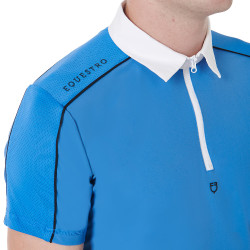 Polo de concurso de manga corta para hombre con cremallera y ribete de malla Equestro Daphne Blauw Polo de concurso de manga corta para hombre con cremallera y ribete de malla Equestro Daphne Blauw