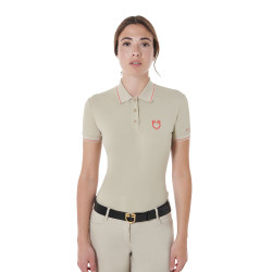 Polo d'entraînement ajusté en tissu respirant femme Equestro Oxford tan / rouge coquelicot Beige Polo d'entraînement ajusté en tissu respirant femme Equestro Oxford tan / rouge coquelicot Beige