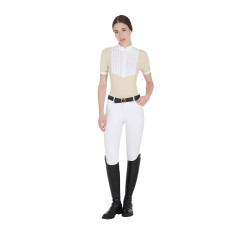 Polo ajusté en coton plissé manches courtes femme Equestro Beige Polo ajusté en coton plissé manches courtes femme Equestro Beige