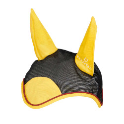 Bonnet anti-mouches en coton et microfibre Equestro Noir / rouge / jaune Bonnet anti-mouches en coton et microfibre Equestro Noir / rouge / jaune