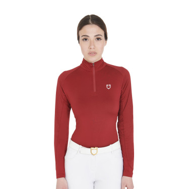 Base layer ajusté manches longues femme en tissu technique Equestro Bordeaux / blanc