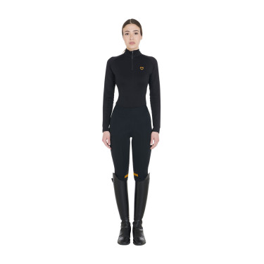 Base layer ajusté manches longues femme en tissu technique Equestro Noir / jaune