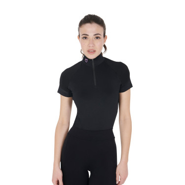 Base layer ajusté manches courtes femme en tissu technique Equestro Noir / lila