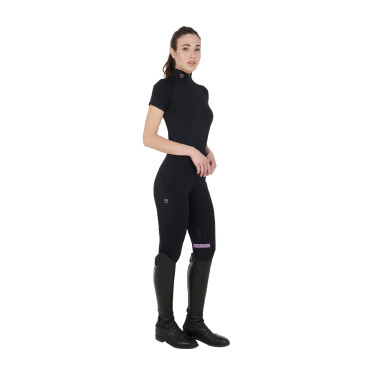 Base layer ajusté manches courtes femme en tissu technique Equestro Noir / lila