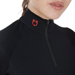 Base layer ajusté manches courtes femme en tissu technique Equestro Noir / rouge