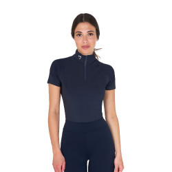 Base layer ajusté manches courtes femme en tissu technique Equestro Marine blazer / blanc Bleu marine