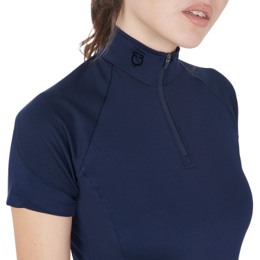 Base layer ajusté manches courtes femme en tissu technique Equestro Marine blazer / noir Bleu marine
