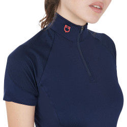 Aansluitende basislaag met korte mouwen voor dames in technisch materiaal Equestro Marine / rood Blauw