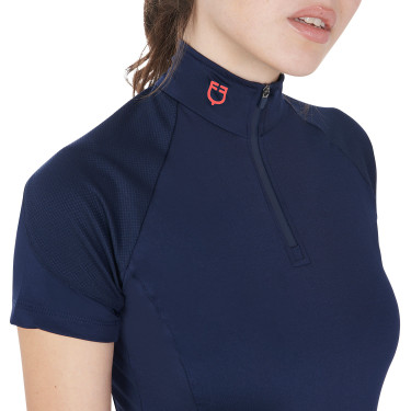 Aansluitende basislaag met korte mouwen voor dames in technisch materiaal Equestro Marine / rood Blauw