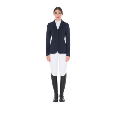 Wedstrijdjas dames met contrasterend geborduurd logo Equestro Marineblazer Marineblauw