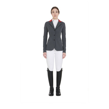 Veste de concours à 3 boutons femme Elegance Equestro Gris / bordeaux Veste de concours à 3 boutons femme Elegance Equestro Gris / bordeaux