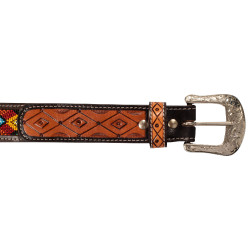 Ceinture Western Perlée avec Boucle en Laiton Pool's Naturel / turquoise / orange Motifs