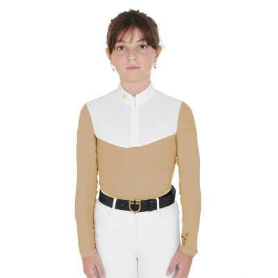 Chemise de concours Fille à Manches Longues Zip et Mesh Equestro Beige