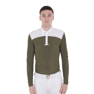 Polo de concours Homme Manches Longues avec Boutons Equestro Blanc / lierre vert