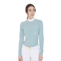 Polo de concours Femme Manches Longues en Tissu Technique et Mesh Equestro Brume grise Bleu Polo de concours Femme Manches Longues en Tissu Technique et Mesh Equestro Brume grise Bleu
