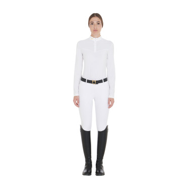 Dames wedstrijdpolo met lange mouwen in technische stof en mesh Equestro Wit Dames wedstrijdpolo met lange mouwen in technische stof en mesh Equestro Wit