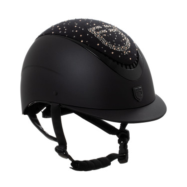 Matte helm met smalle vizier en logo in strass, goedgekeurd volgens EN 1384-2023 Equestro Matte helm met smalle vizier en logo in strass, goedgekeurd volgens EN 1384-2023 Equestro