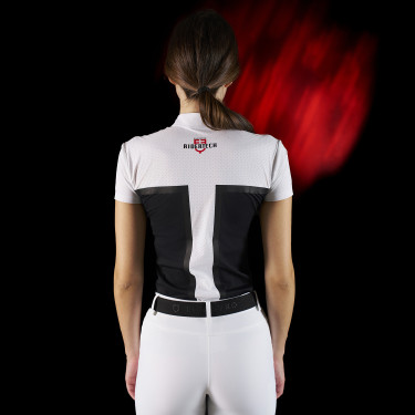 Polo de concours femme Equestro Ridertechnology en tissu perforé Blanc / noir