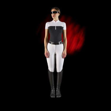 Polo de concours femme Equestro Ridertechnology en tissu perforé Blanc / noir
