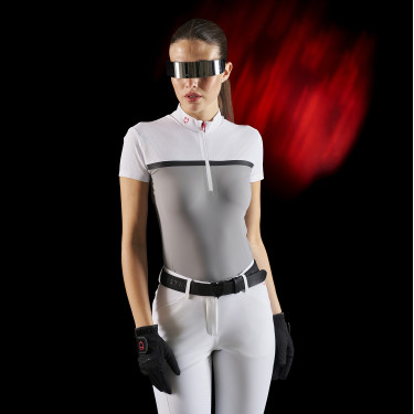 Polo de concours femme Equestro Ridertechnology en tissu perforé Blanc / oiseau moqueur Gris