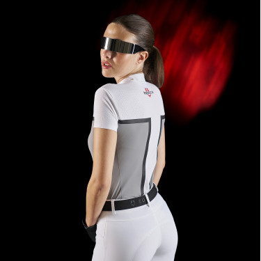Polo de concours femme Equestro Ridertechnology en tissu perforé Blanc / oiseau moqueur Gris
