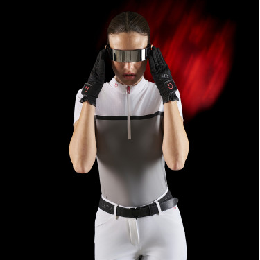 Polo de concours femme Equestro Ridertechnology en tissu perforé Blanc / oiseau moqueur Gris