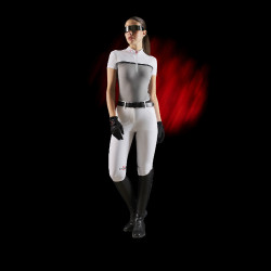 Polo de concours femme Equestro Ridertechnology en tissu perforé Blanc / oiseau moqueur Gris