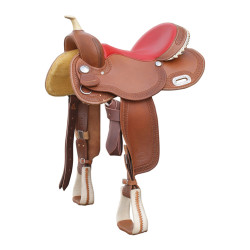 Selle Pool's Barrel 5020 met rode zitting en bekleding in gekleurd rawhide Selle Pool's Barrel 5020 met rode zitting en bekleding in gekleurd rawhide