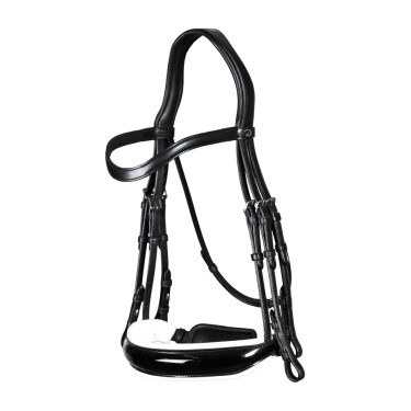 Bride Dy'on collection dressage cuir plat Muserolle Large Vernie Doublure Blanche Noir