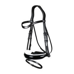 Bridon Dy'on collection dressage cuir plat Muserolle Combinée Large Vernie Doublure Blanche Noir Bridon Dy'on collection dressage cuir plat Muserolle Combinée Large Vernie Doublure Blanche Noir