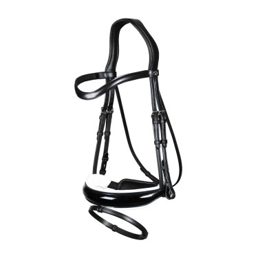 Bridon Dy'on collection dressage cuir plat Muserolle Combinée Large Vernie Doublure Blanche Noir