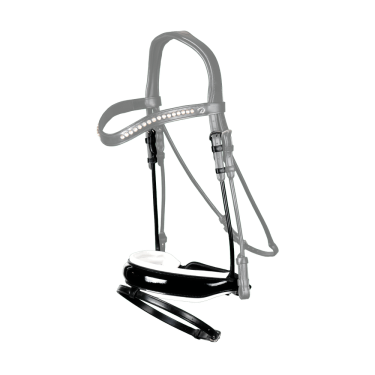 Muserolle Dy'on collection dressage cuir rond Combinée Large à réglage allemand Verni avec rembourrage blanc et noseband Muserolle Dy'on collection dressage cuir rond Combinée Large à réglage allemand Verni avec rembourrage blanc et noseband