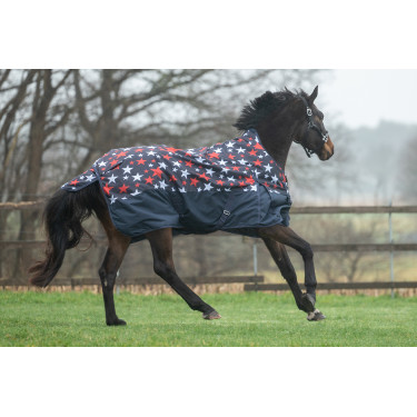 Couverture highneck HKM Norwich 600D doublure lisse Bleu motif étoiles Couverture highneck HKM Norwich 600D doublure lisse Bleu motif étoiles