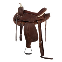 Westernzadel Lakota met ronde rok, gegraveerd en met zilverdraad Bruin