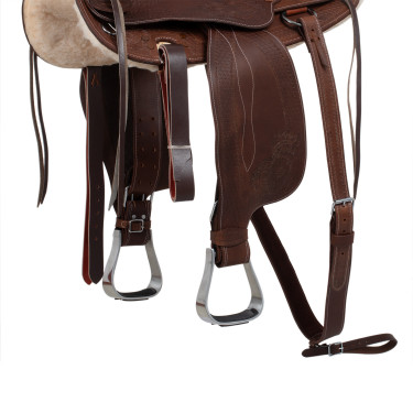 Westernzadel Lakota met ronde rok, gegraveerd en met zilverdraad Bruin