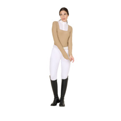 Wedstrijdpolo Dames Lange Mouwen met Knopen Equestro Beige