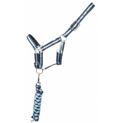 Licol synthétique doublé + longe tressée américaine T de T Marine / bleu ciel