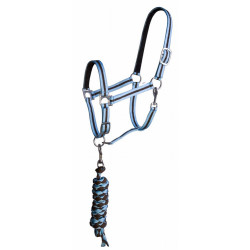 Licol synthétique doublé + longe tressée américaine T de T Marron foncé / bleu ciel