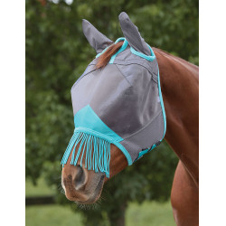 Weatherbeeta ComFiTec Deluxe Mesh vliegenmasker met oren en franjes Grijs / turquoise