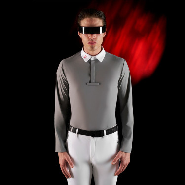 Polo de concours homme Equestro Ridertechnology à manches longues et boutons Oiseau moqueur Gris Polo de concours homme Equestro Ridertechnology à manches longues et boutons Oiseau moqueur Gris