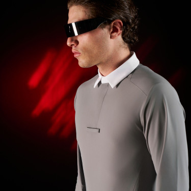 Polo de concours homme Equestro Ridertechnology à manches longues et boutons Oiseau moqueur Gris Polo de concours homme Equestro Ridertechnology à manches longues et boutons Oiseau moqueur Gris
