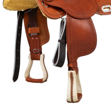 Selle Pool's 5020 avec siège en cuir brut couleur bleu pour baril Cognac Marron