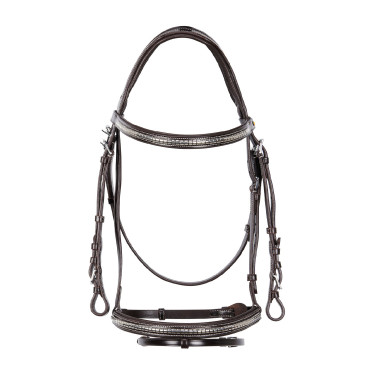 Engelse hoofdband van leer met clincher van nikkel geplateerd NP Equestro Donkerbruin