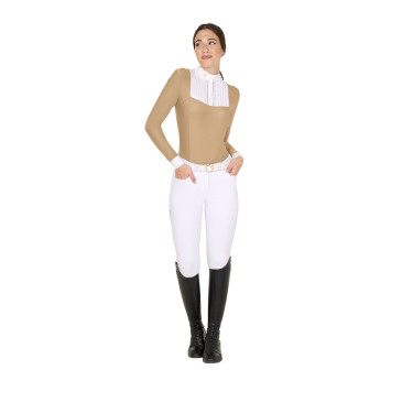 Polo de concours Femme Manches Longues avec Plis en Coton Equestro Encens Beige Polo de concours Femme Manches Longues avec Plis en Coton Equestro Encens Beige